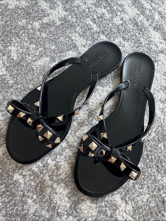 Valentino Shoes - Valentino Black Jelly Sandals with Gold Rockstud Bow